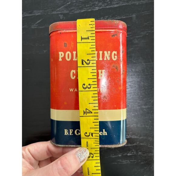 Vtg Decor- Polishing Cloth- Red Tin- with lid and cloth- some wear- BF Goodrich - Picture 4 of 6